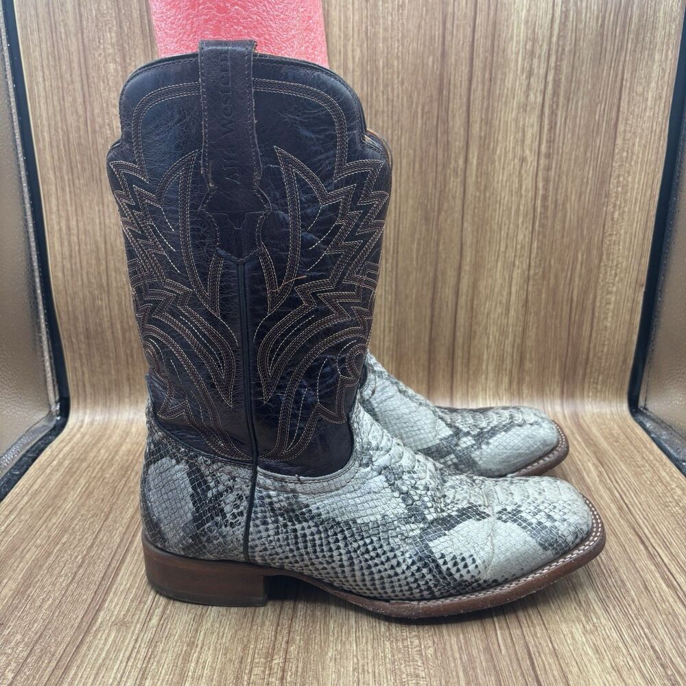 Alfa‎ Western Wear Rustic Natural Python Print Leather Cowboy Boots US 10 Men's